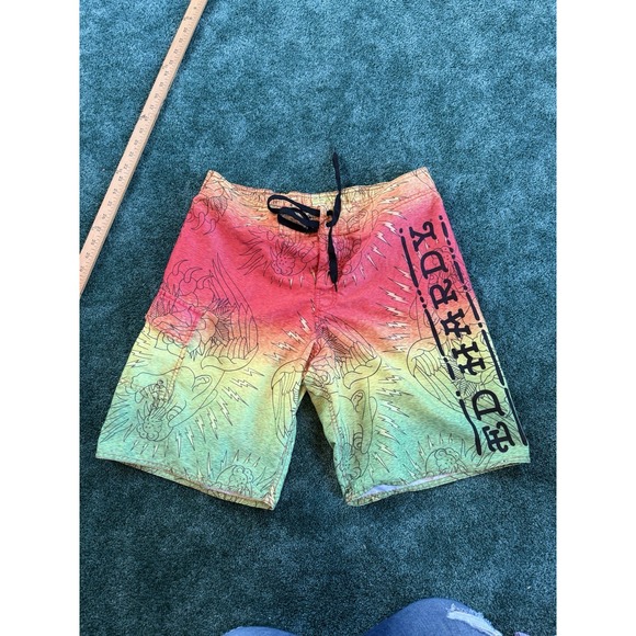 Ed Hardy Mens Swim Trunks Medium Logo Board Shorts Y2K Red‎ Yellow Green - Picture 1 of 6